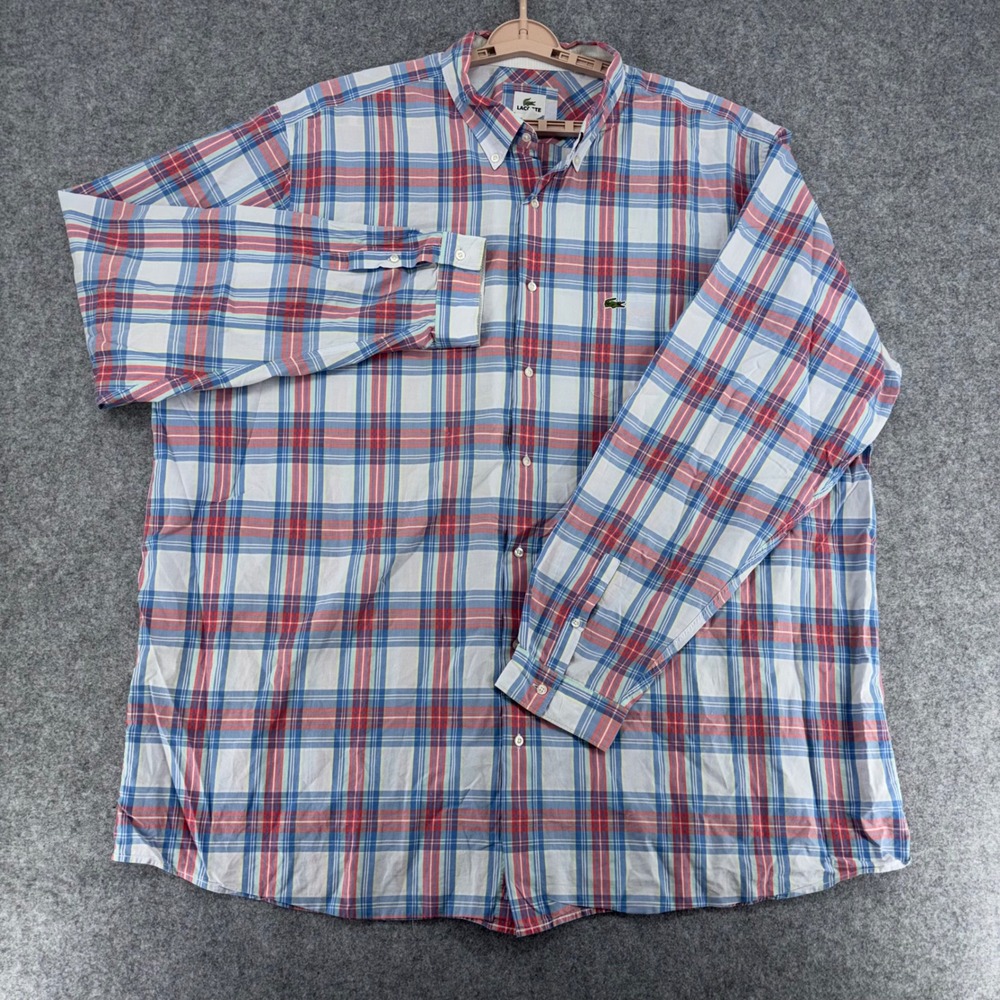 Lacoste Mens 3XLT Plaid Button Down Shirt Blue Red White Cotton CH677L Tall